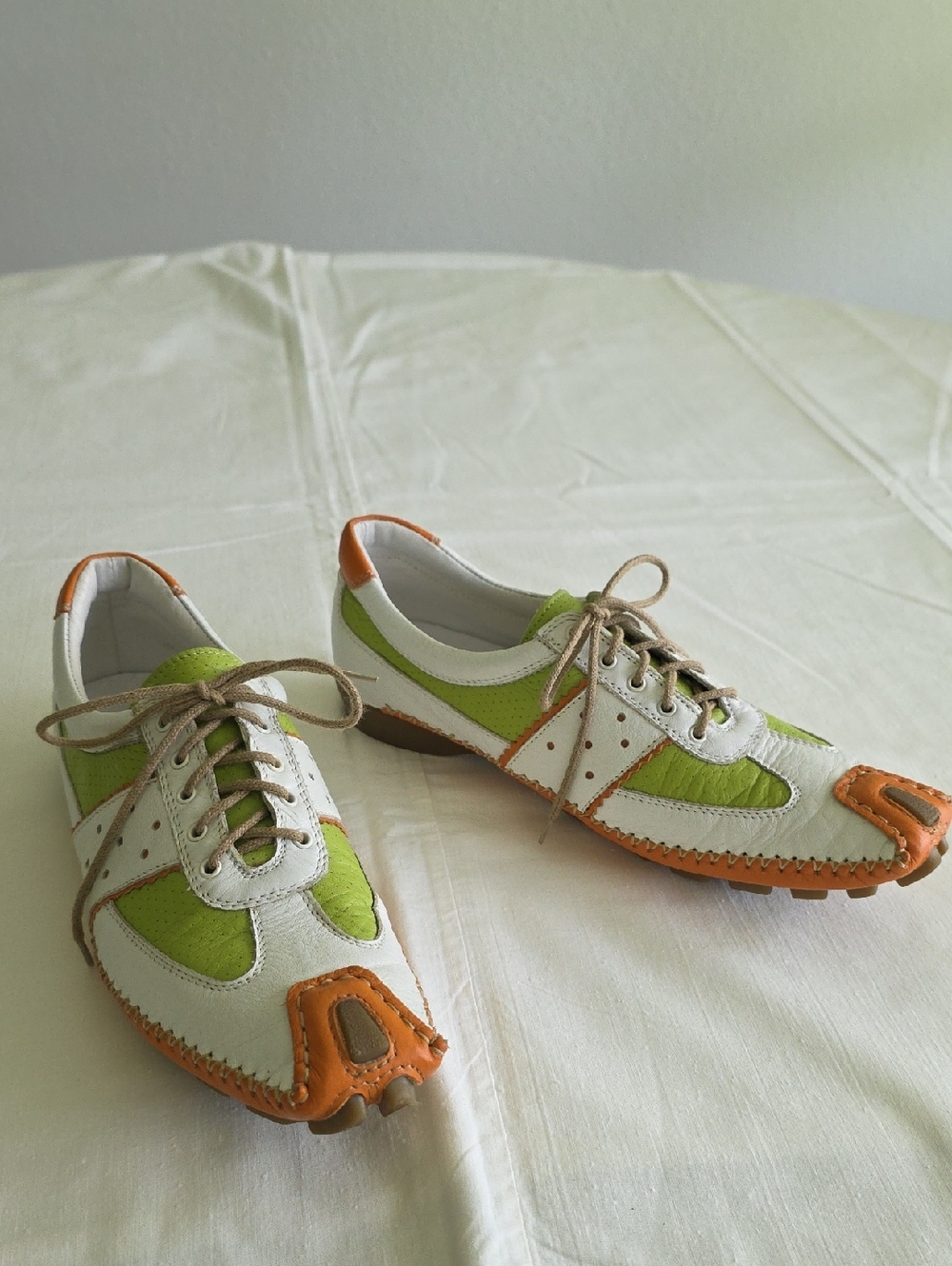White & Lime Leather Lace-Up Driving Shoes with Orange Accents